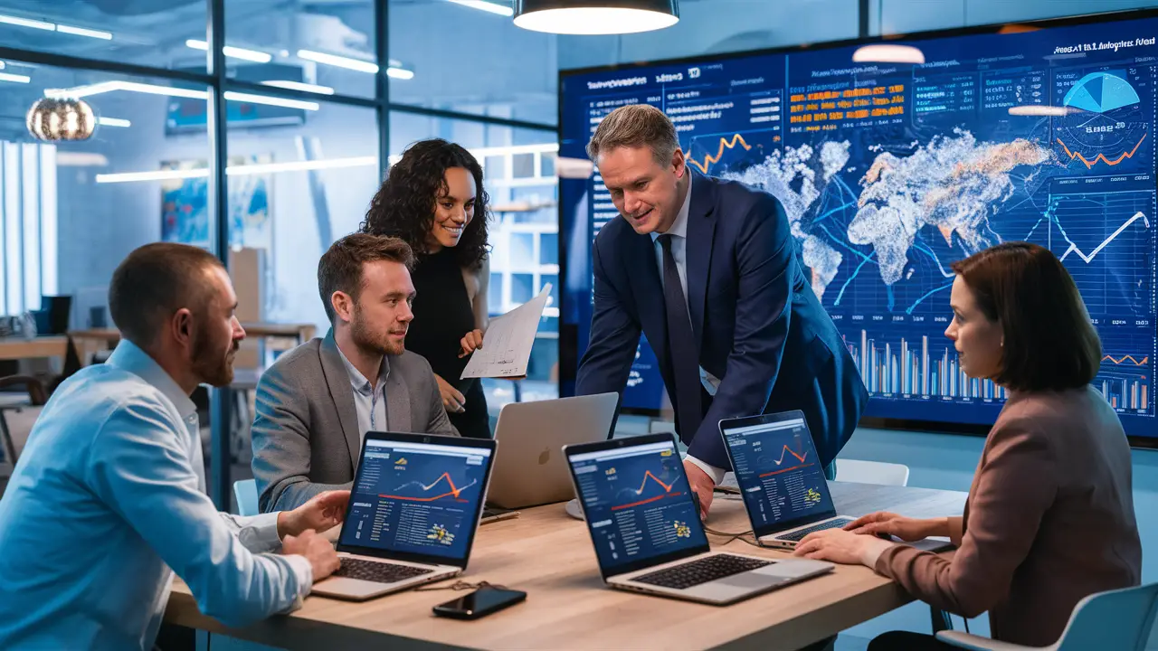 Equipe de quatro pessoas colaborando em torno de uma mesa com laptops mostrando dashboards do Power BI.