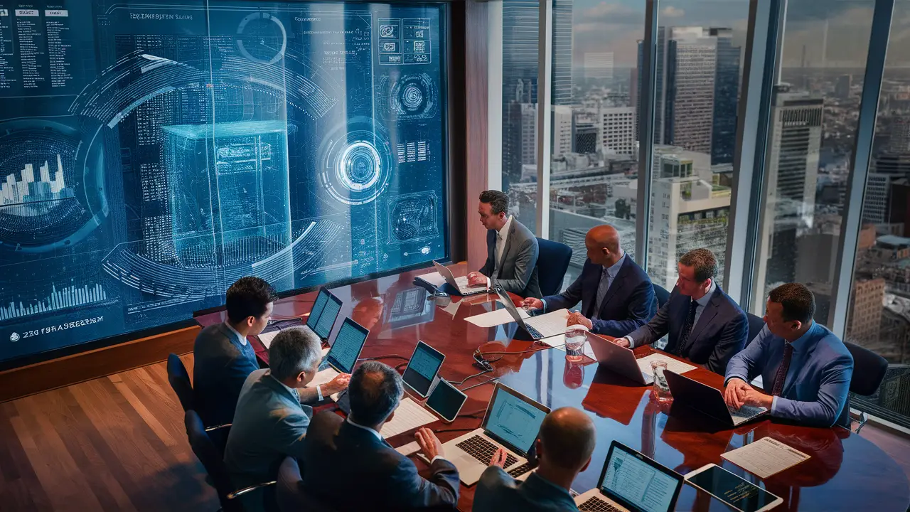 Profissionais discutindo em sala de reunião com tela digital exibindo visualizações de dados complexos.