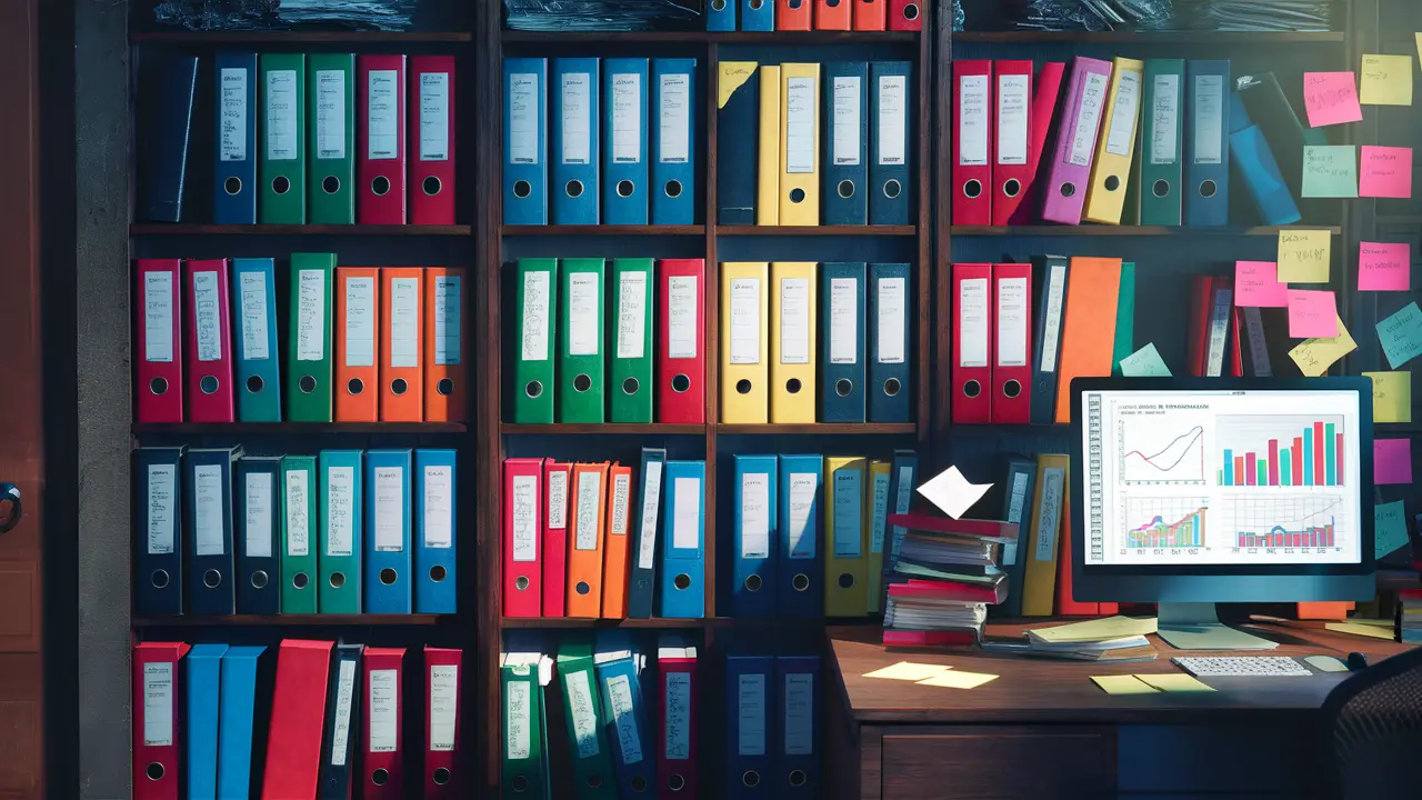 Estante cheia de pastas coloridas rotuladas com datas ao lado de uma mesa com computador exibindo gráficos