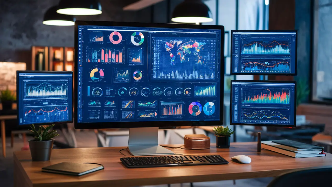 Tela de computador exibindo um painel do Power BI com gráficos coloridos em um escritório moderno.