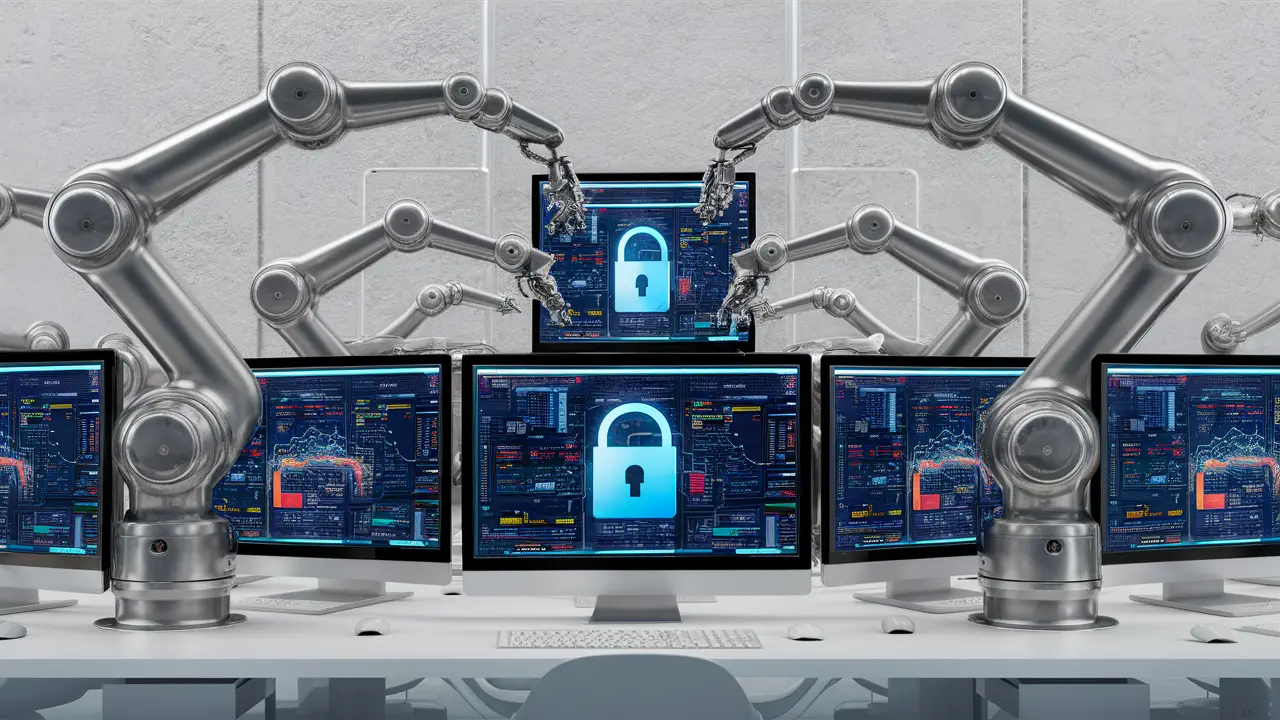 Braços robóticos prateados trabalhando em telas de computador com visualizações de dados e um cadeado azul.