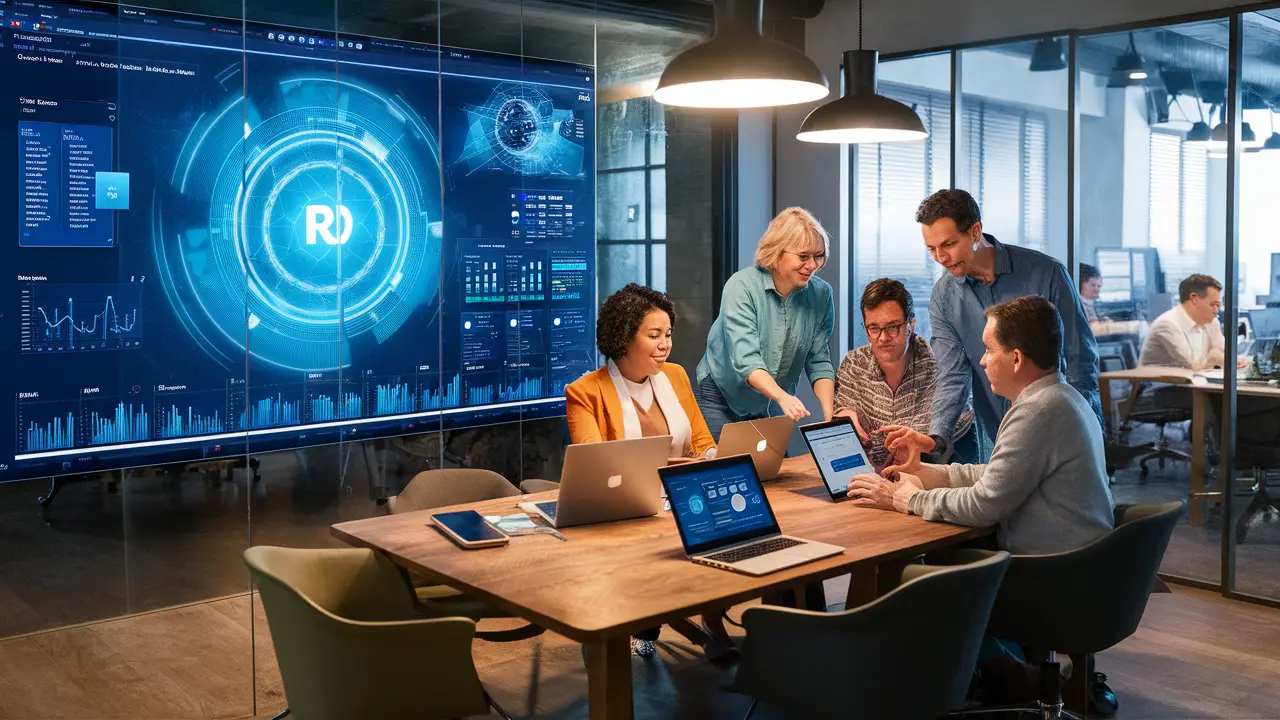 Pessoas discutindo em torno de uma mesa de madeira com dashboard do Power BI em uma tela digital grande no escritório.