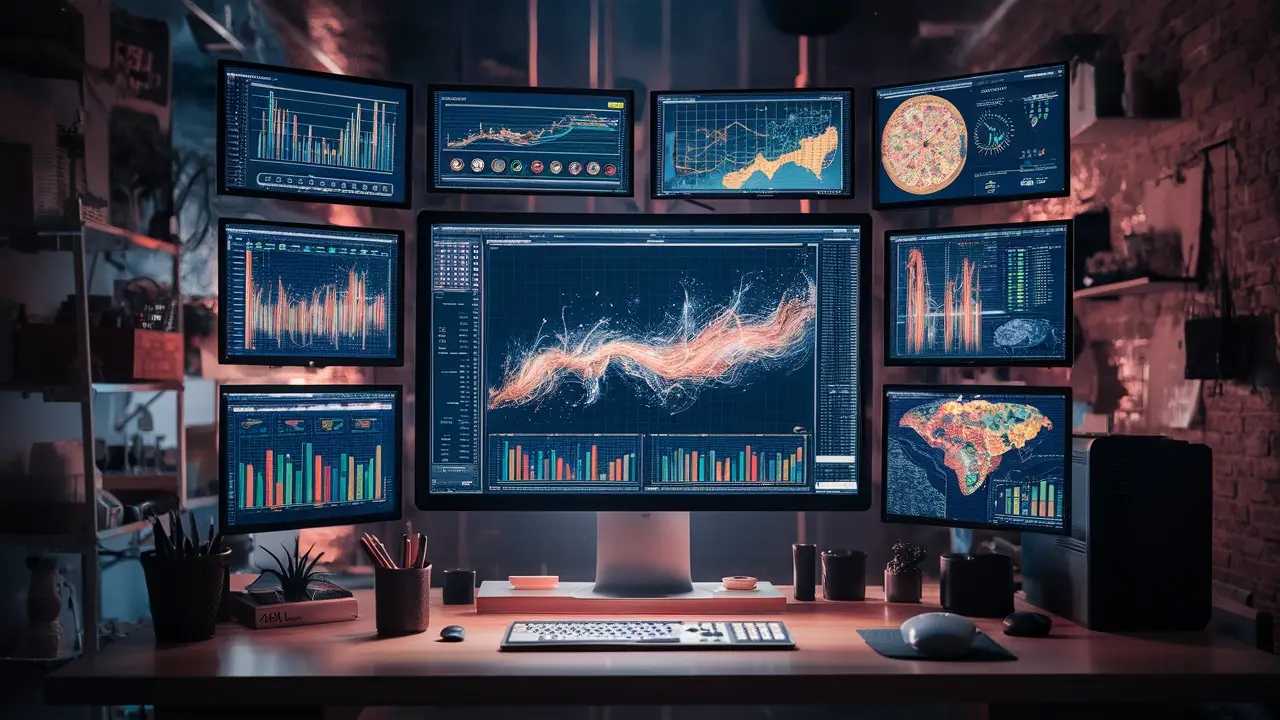 Tela de computador exibindo painel do Power BI com gráficos coloridos e interativos e opções de personalização.