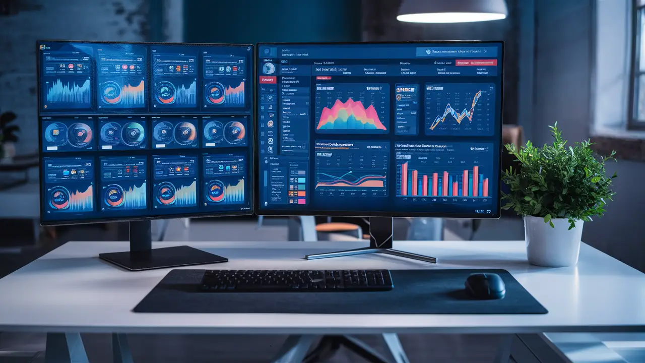 Monitor exibindo dashboards do Power BI e interface do Salesforce, teclado preto e planta sobre mesa branca.