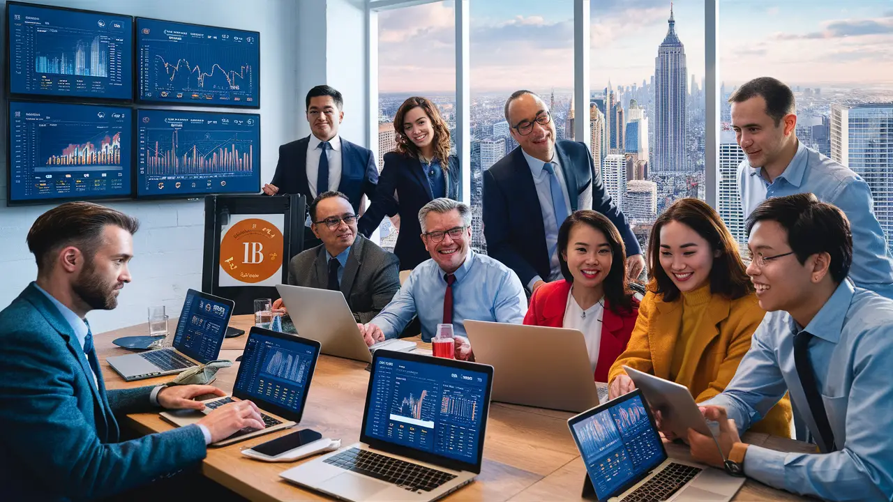 Equipe diversificada analisando dashboards do Power BI em laptops e tablets em escritório moderno.