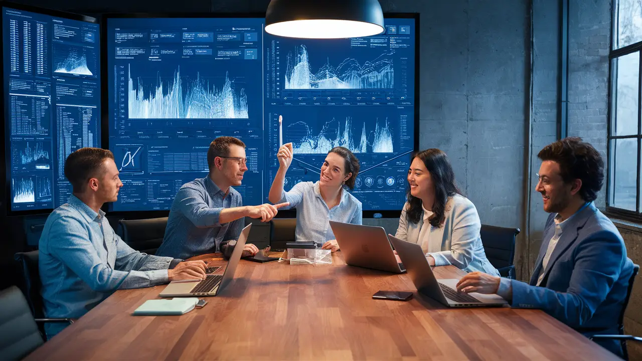 Equipe diversa em mesa de conferência com laptops e tela digital exibindo visualizações de dados.