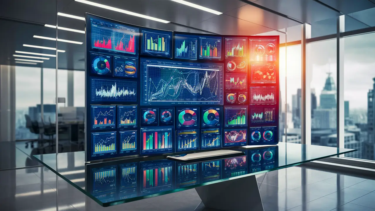 Painel digital com gráficos coloridos sobre mesa de vidro em escritório moderno com vista para a cidade.
