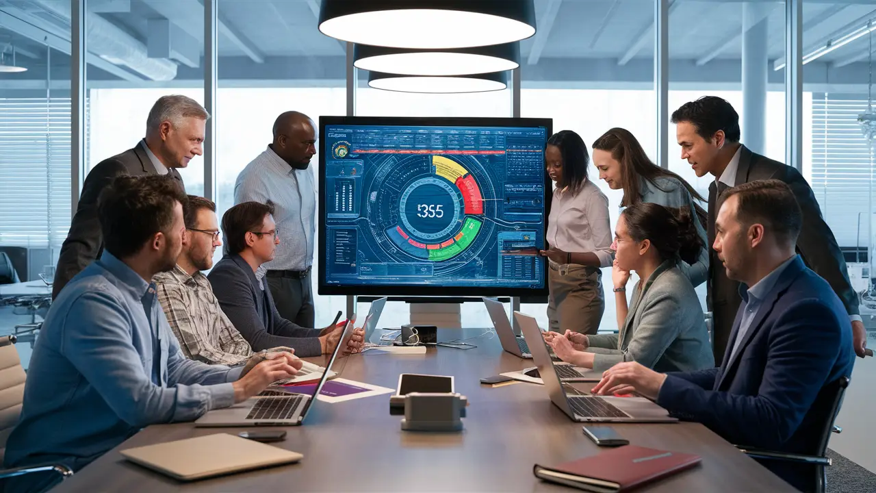 Profissionais em escritório moderno analisando painel digital em tela grande.