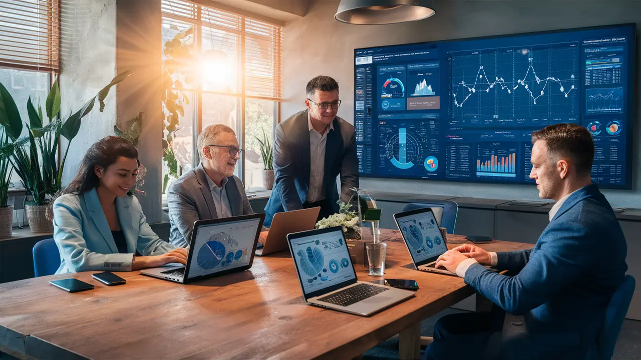 Equipe de quatro profissionais em um escritório moderno usando laptops com visualizações de dados.