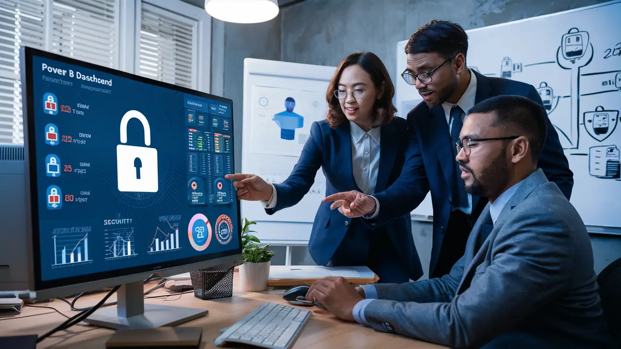Pessoas de TI discutindo segurança de dados no Power BI, com um monitor mostrando gráficos e ícones de cadeado.