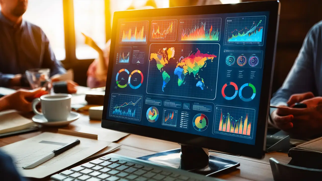 Painel de controle digital com gráficos coloridos e ícones de ferramentas de análise de dados.