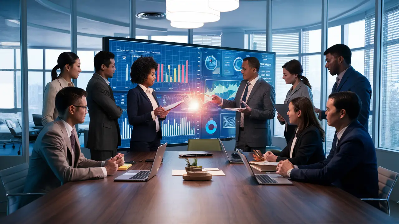 Profissionais reunidos em torno de tela digital interativa com gráficos coloridos em um escritório moderno.