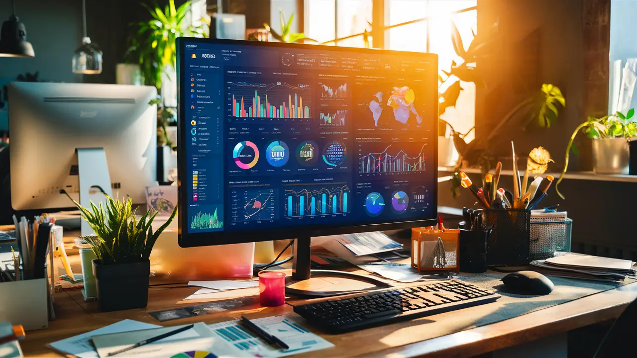 Monitor de computador com dashboard do Power BI exibindo gráficos coloridos em um escritório moderno e iluminado.