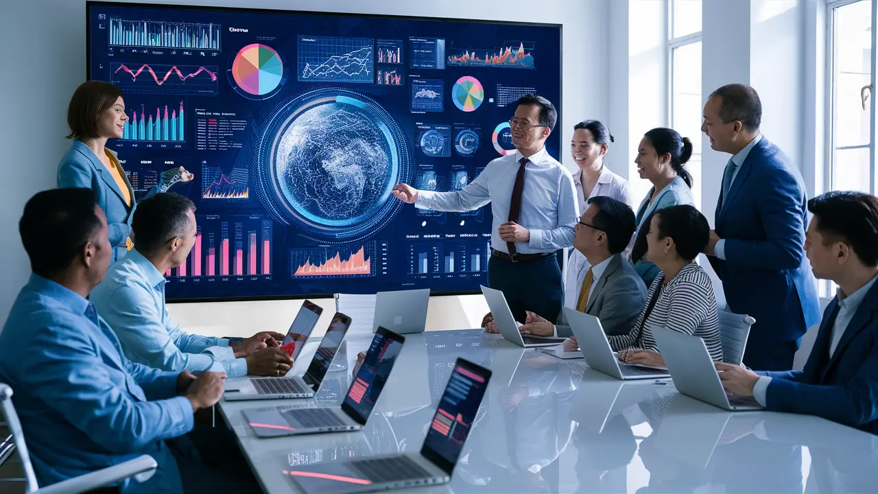 Equipe analisando dashboard do Power BI em tela grande em escritório moderno.