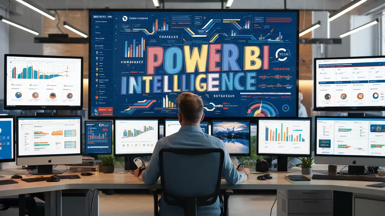 Monitores em um escritório exibem painéis de inteligência de negócios, com Power BI em destaque.