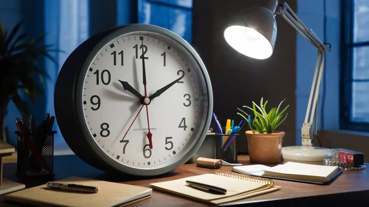 Relógio analógico em destaque em mesa com materiais de escritório e lâmpada acesa.