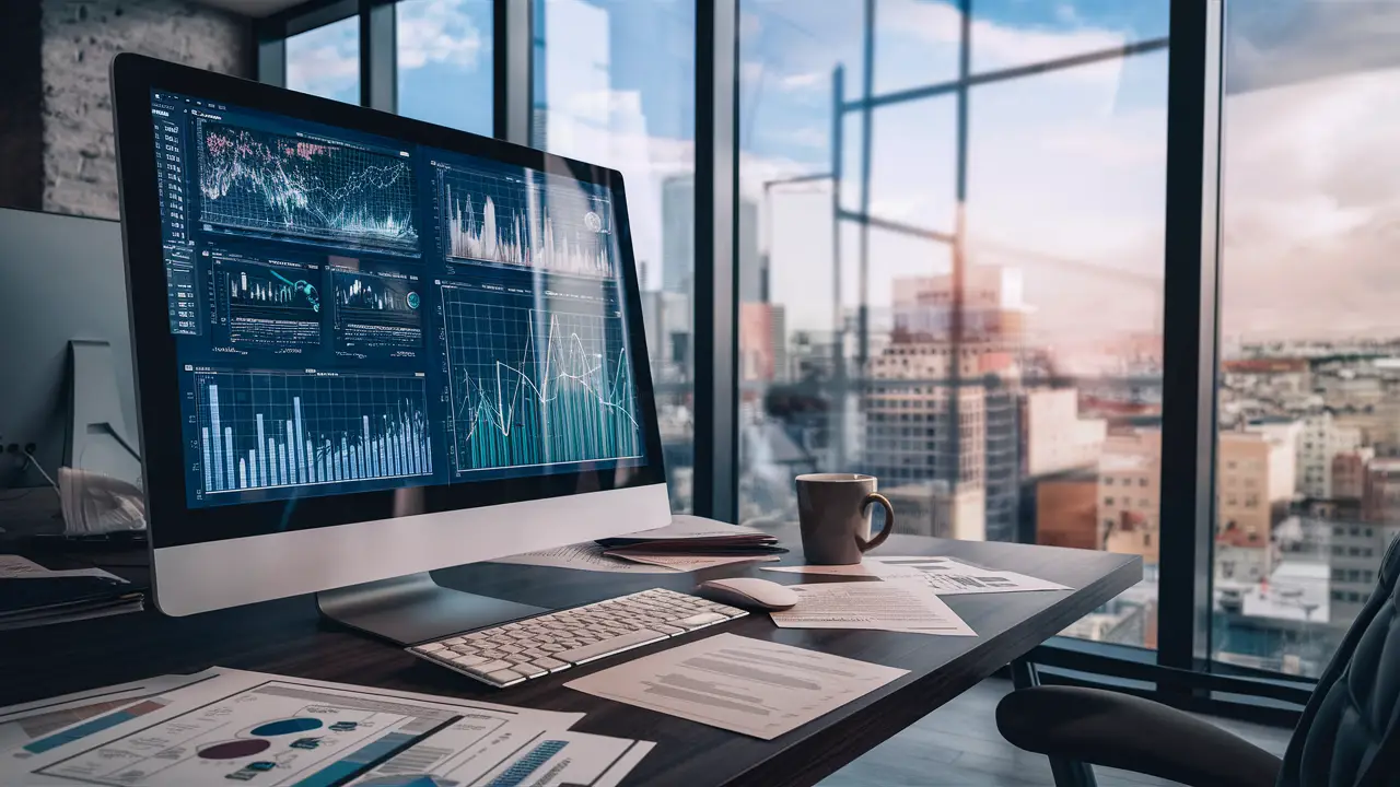 Monitor mostrando gráficos dinâmicos em uma mesa de escritório moderna com papéis, caneca e vista para a cidade.