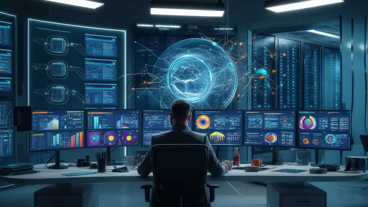 Monitores mostrando dashboards do Power BI com diagramas de fluxo de dados e servidores em um escritório moderno.