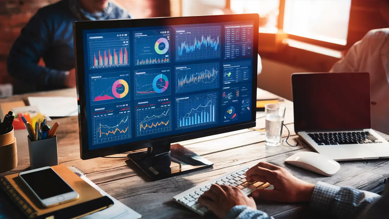 Monitor mostrando painel de controle com gráficos coloridos em tempo real em uma mesa de escritório bem iluminada.
