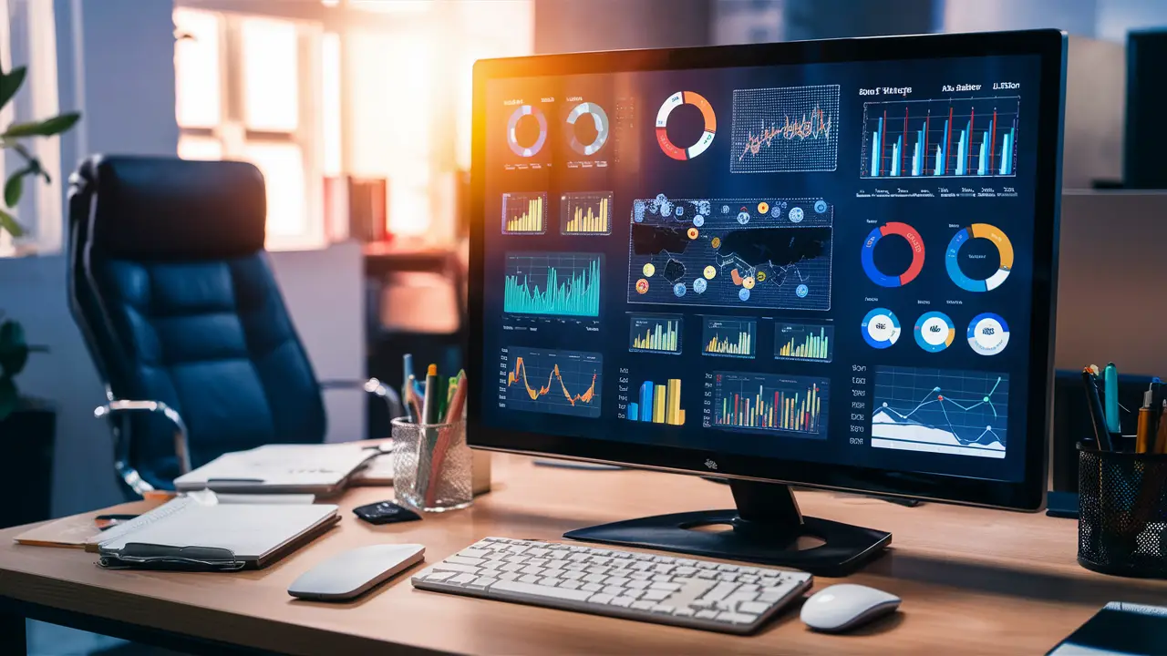 Painel de controle digital em tela de computador com gráficos e widgets coloridos em um ambiente de escritório.