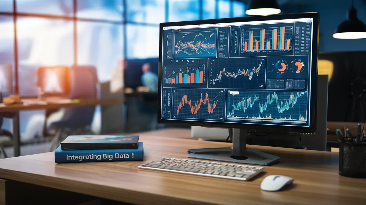 Computador exibindo gráficos ao lado de um livro sobre integração de Big Data em uma mesa de escritório.