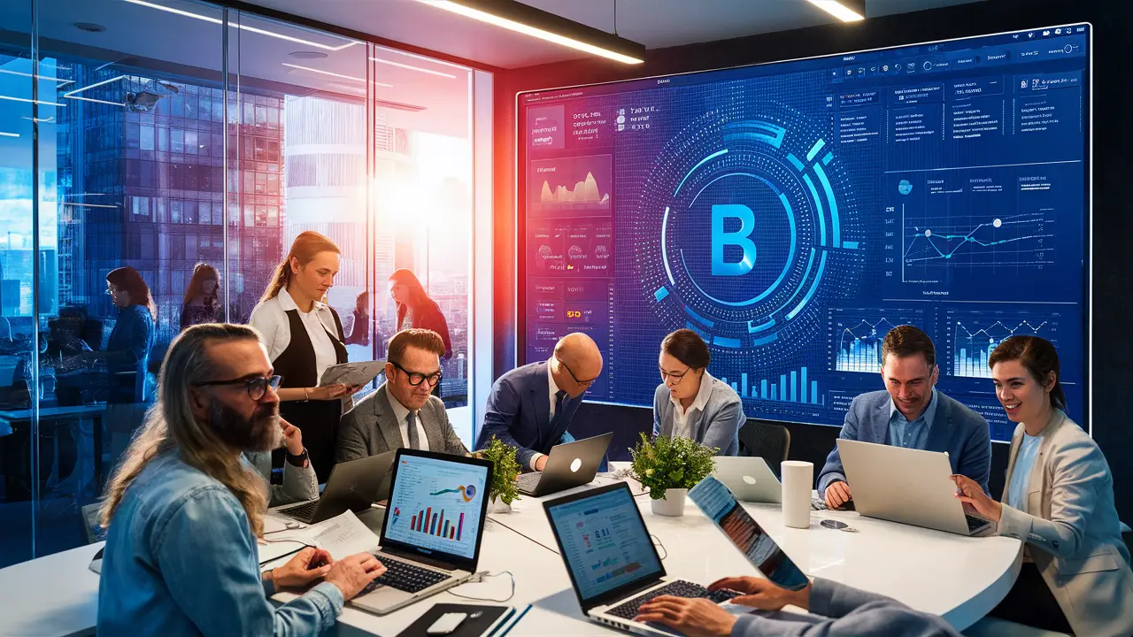 Profissionais em um escritório colaborando em frente a uma tela exibindo um dashboard do Power BI.