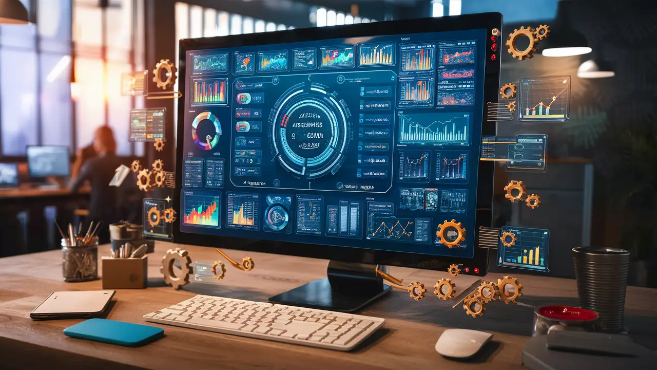 Tela de computador com dashboard digital, widgets coloridos e ícones de personalização como engrenagens e pincéis.