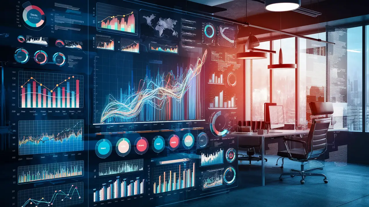 Painel digital com gráficos coloridos e elementos de visualização de dados em um ambiente de escritório moderno.