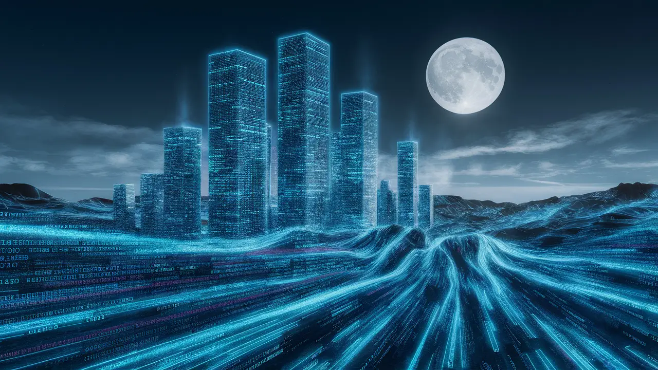 Paisagem digital com arranha-céus de linhas de dados azuis e fluxos de código binário sob o céu noturno.
