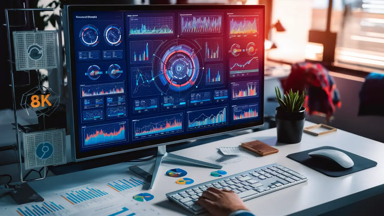Dashboard digital com gráficos e ícones de dados em tela de computador grande, com logotipos do Power BI.