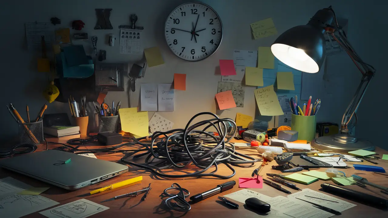 Um desktop bagunçado com laptop, cabo de rede emaranhado, notas adesivas e luminária de mesa acesa.