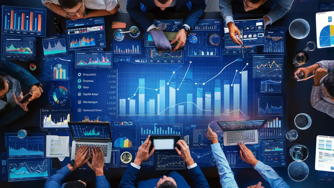 Profissionais analisando gráficos e dados coloridos em um escritório.