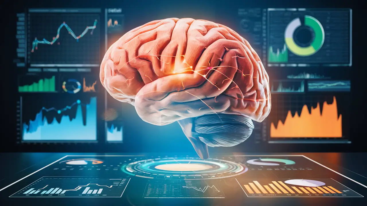 Cérebro humano flutuando acima de um painel digital com gráficos coloridos e detalhados.