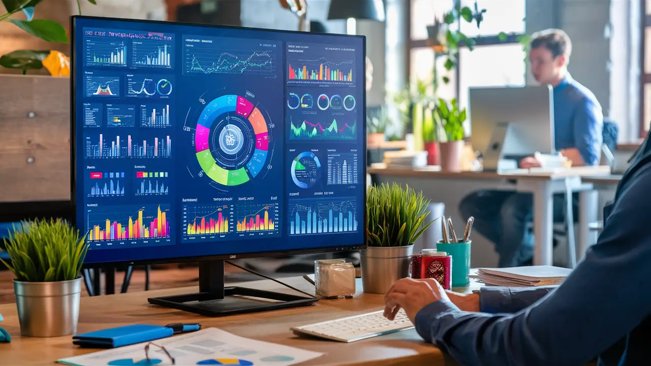 Pessoa em um escritório analisa um painel do Power BI com gráficos coloridos em uma tela de computador.