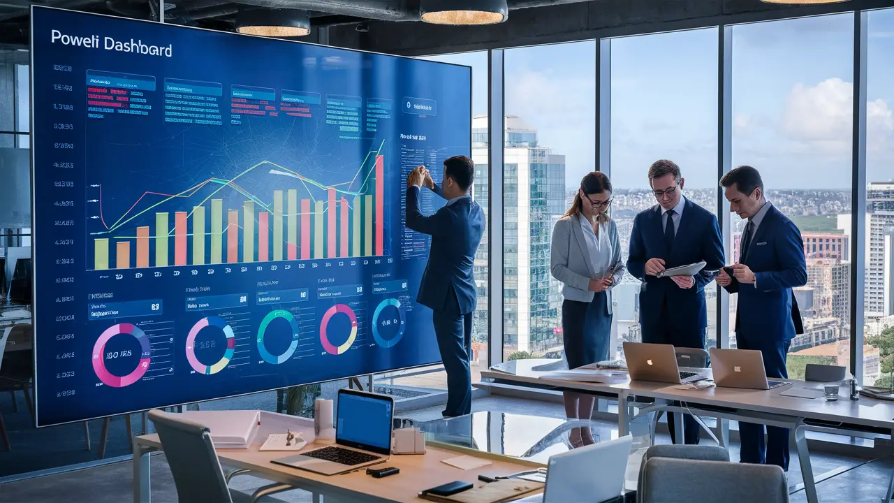 Profissionais analisando um painel do Power BI com gráficos coloridos de análise de vendas em um escritório moderno.
