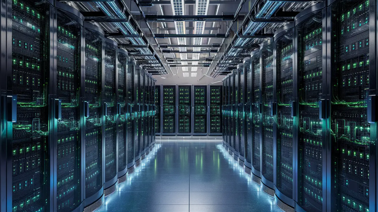 Centro de dados moderno com servidores grandes e luzes LED azuis e verdes em um ambiente espaçoso e tecnológico.