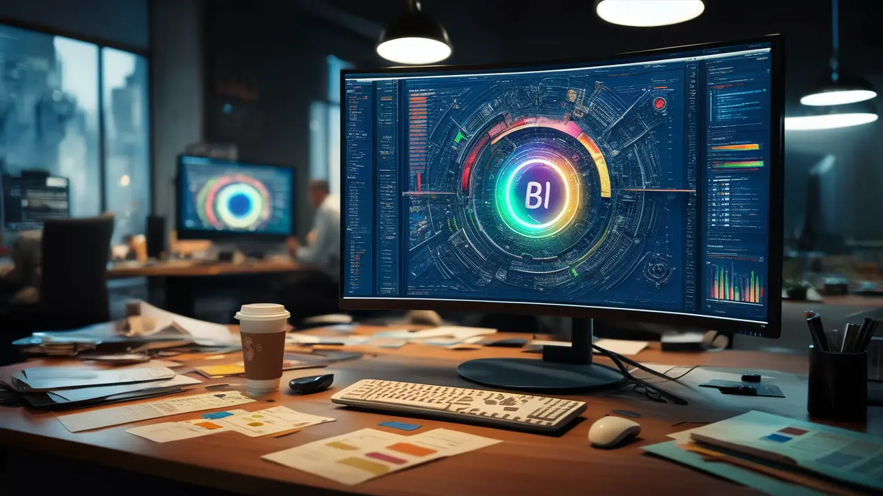 Computador exibindo painel do Power BI em mesa de escritório com papéis e xícara de café.