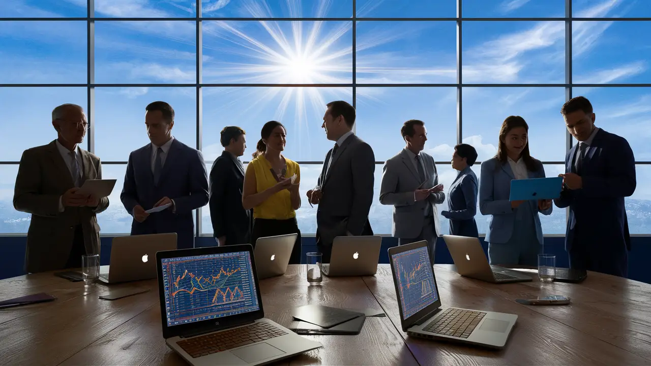 Empresários discutindo gráficos em laptops em uma sala de conferência com janela grande.