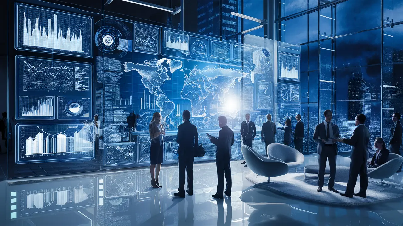 Pessoas em escritório futurista analisando gráficos e visualizações de dados em tela digital grande.