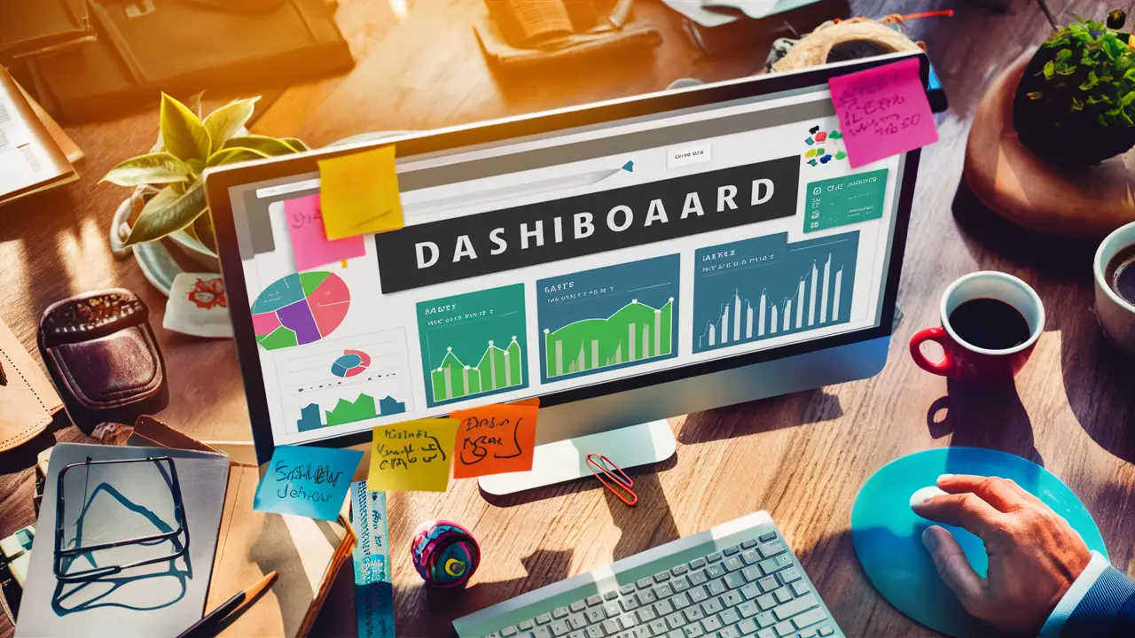 Tela de computador com dashboard personalizável e gráficos coloridos, notas adesivas ao redor e xícara de café ao lado.