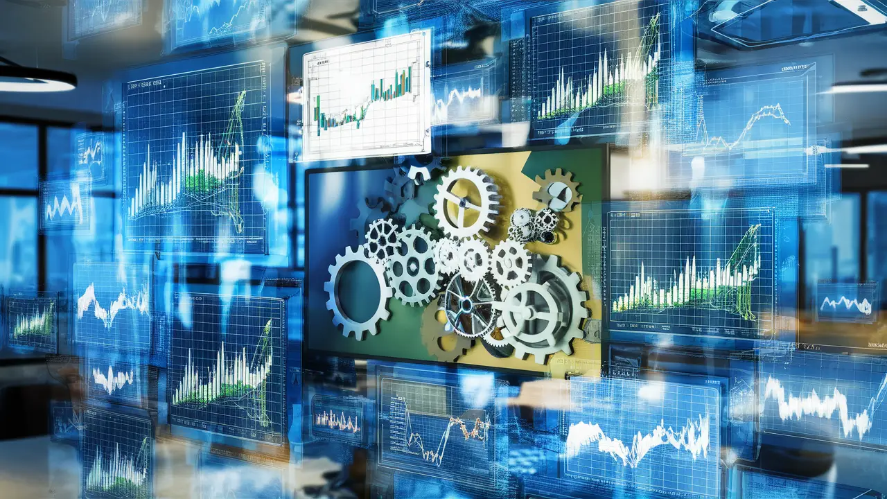 Telas digitais sobrepostas mostrando gráficos e engrenagens interconectadas em um ambiente de escritório moderno.