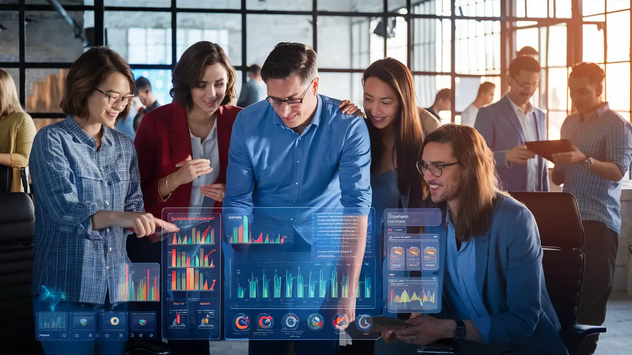 Profissionais em escritório moderno colaboram em frente a painel digital com gráficos do Power BI.