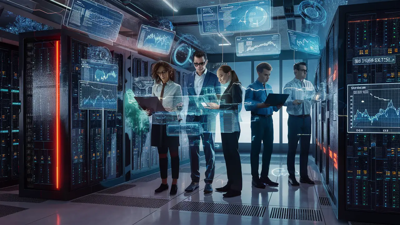 Centro de dados futurista com servidores luminosos e engenheiros analisando dados em hologramas.