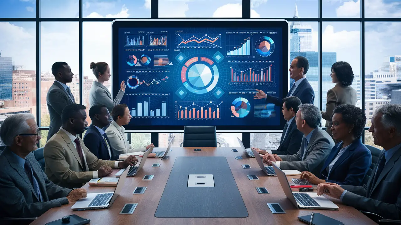 Profissionais em sala de conferência usando quadro digital interativo com gráficos coloridos.