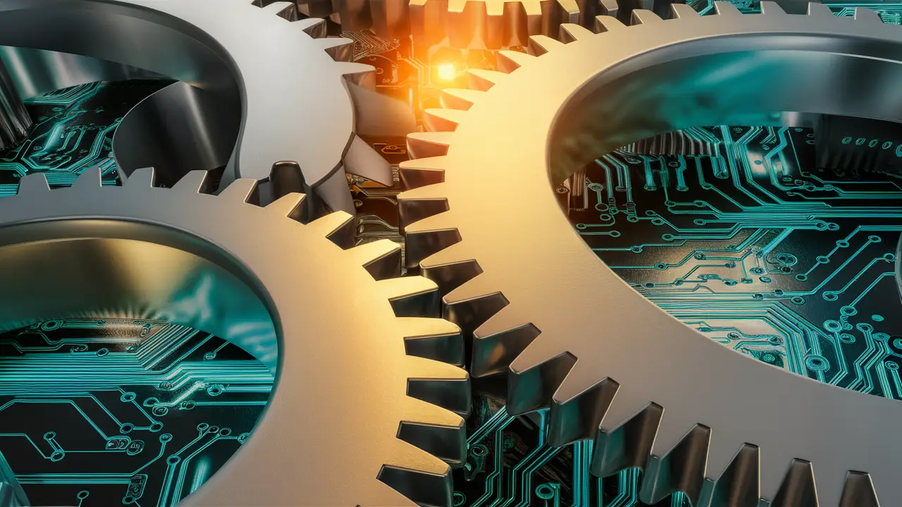 Grande sistema de engrenagens metálicas prateadas e douradas com padrões de circuito digital azul e verde.