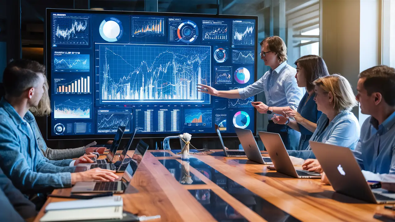 Funcionários colaborando em um escritório moderno com tela digital exibindo gráficos analíticos detalhados.