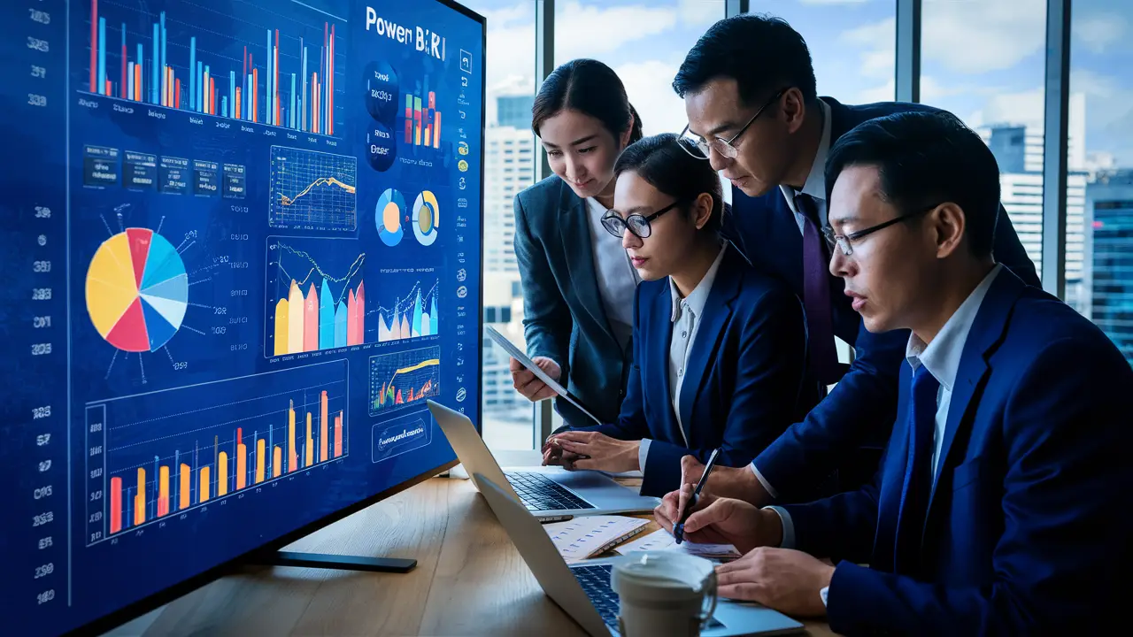 Três profissionais de negócios analisam dashboards do Power BI em um escritório moderno.