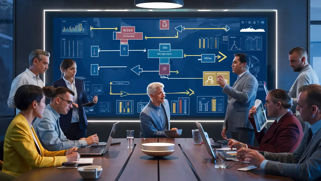 Pessoas colaborando ao redor de um quadro digital com fluxogramas e gráficos coloridos em um escritório moderno.