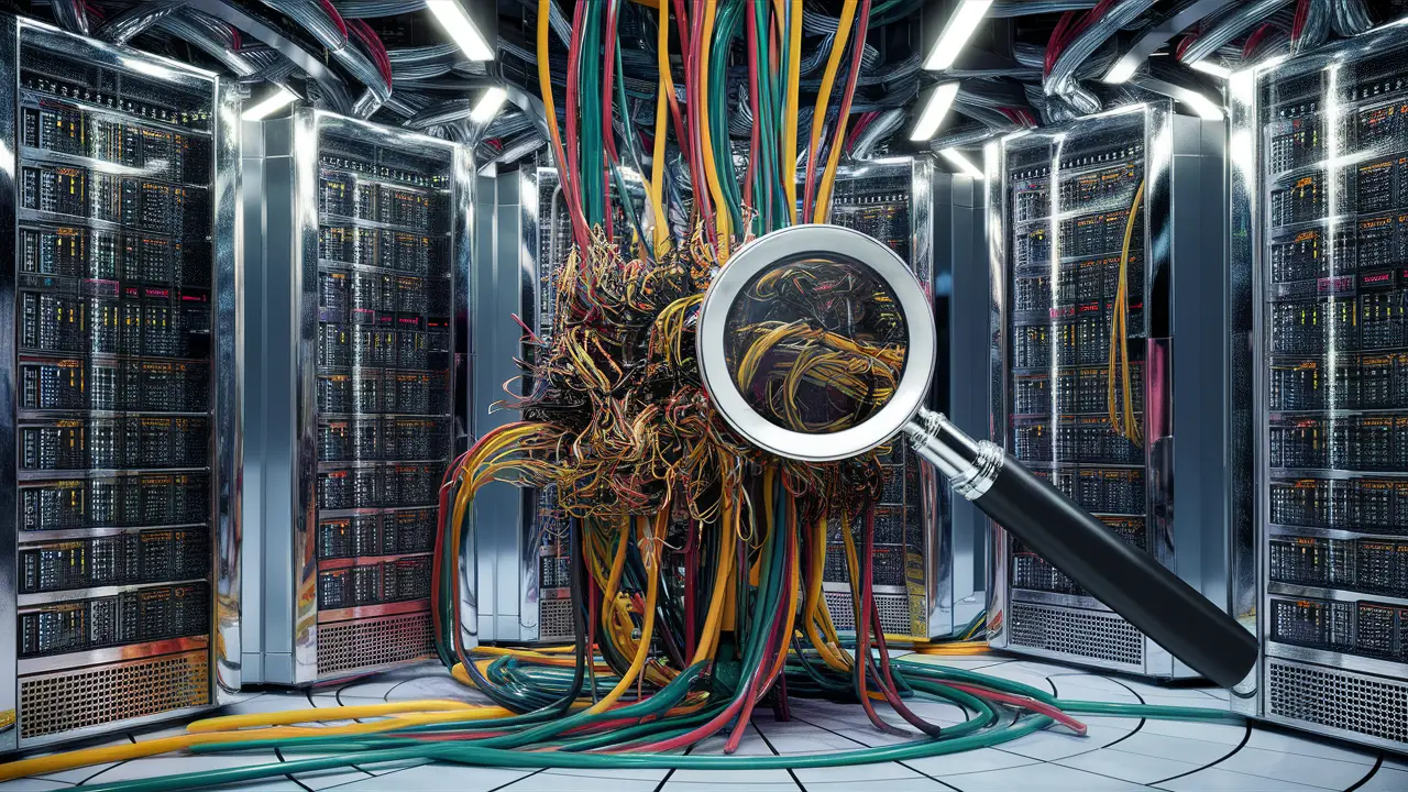 A data center with large servers and a magnifying glass examining wires, representing big data challenges.