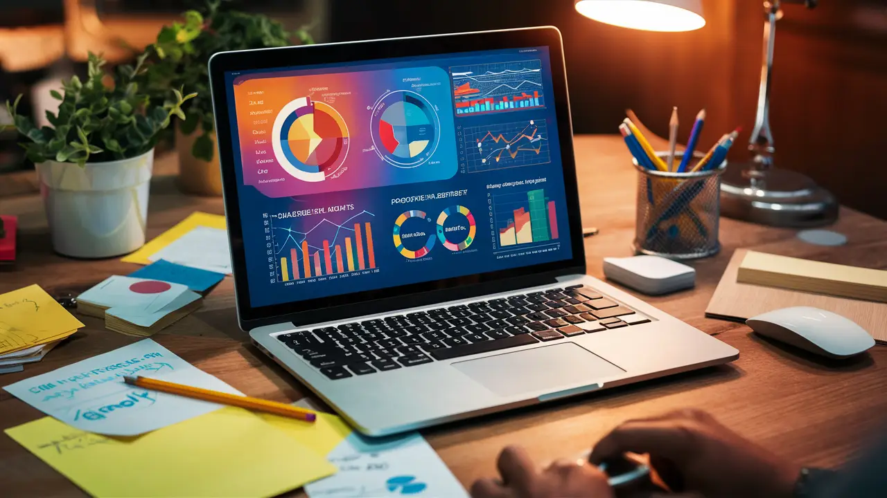 Laptop em mesa de madeira exibindo relatório colorido do Power BI com gráficos, cercado por notas, lápis e planta.